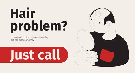 Hair problem horizontal banner with isometric human character of balding man looking in mirror with text vector illustrationのイラスト素材