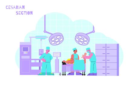 Women lying on operating table after caesarean section and doctor holding newborn baby flat vector illustrationのイラスト素材