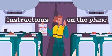 Airplane briefing flat background with female flight attendant giving safety rules instructions to passengers vector illustration のイラスト素材