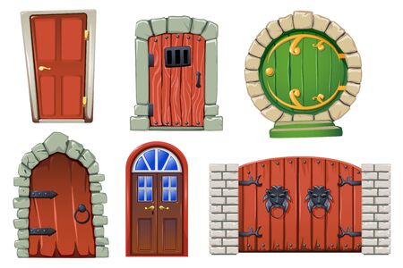 Doors cartoon set with modern and fairytale doors isolated vector illustrationのイラスト素材