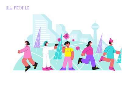Ill people coronavirus flat composition with outdoor scenery and human characters running away from infected person vector illustrationのイラスト素材