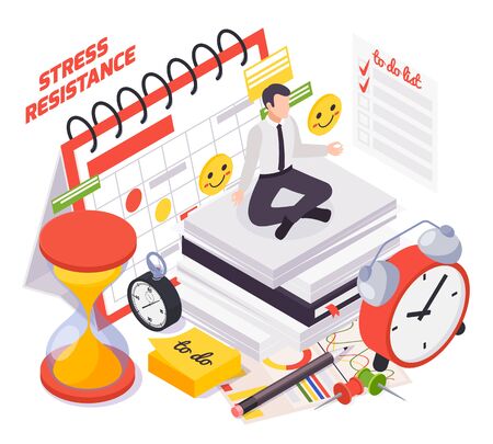 Soft skills concept isometric composition with work under pressure ability time management stress resistance symbols vector illustration のイラスト素材