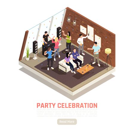 Party celebration isometric background with indoor view of house party with dancing people button and text vector illustrationのイラスト素材