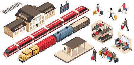 Isometric railway set with isolated images of trains with station buildings train carriage and waiting passengers vector illustrationのイラスト素材