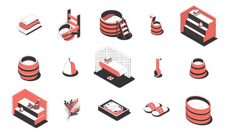 Sauna massage and spa objects isometric icons set with towel barrel whisk slippers ladle bucket isolated on white background 3d vector illustration のイラスト素材