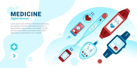 Flat colored digital medicine horizontal composition with headline descriptions and medical tools vector illustrationのイラスト素材