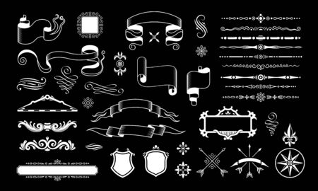 Retro vintage design black set with isolated decoration elements ornate strings ribbons shields and crossed arrows vector illustrationのイラスト素材