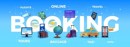 Travel tourism booking big letters composition with flights online travel tours baggage taxi and hotel descriptions vector illustrationのイラスト素材