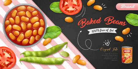 Realistic bowl of baked beans in tomato sauce pods and leaves on chalkboard and striped background vector illustrationのイラスト素材