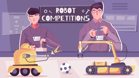 Robot competition flat composition with characters of scientist students controlling their vehicle manipulator robots playing football vector illustrationのイラスト素材