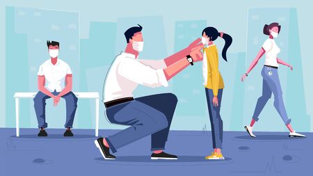 Mask people coronavirus composition with cityscape and flat human characters wearing face masks in public place vector illustrationのイラスト素材