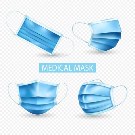 Realistic medical mask transparent icon set with different shape of light blue masks vector illustrationのイラスト素材