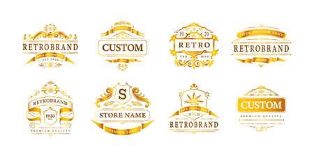 Retro vintage design label luxury logos set of eight isolated logotypes with editable text and frames vector illustrationのイラスト素材