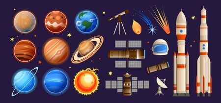 Space background set with isolated essential elements with colourful planets stars orbital stations infrastructure and rockets vector illustrationのイラスト素材