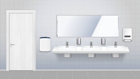 Bright public toilet interior composition with big mirror and three washbasins and washing tools vector illustrationのイラスト素材