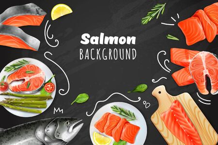 Salmon colored background with realistic images of raw and prepared red fish on chalkboard vector illustrationのイラスト素材