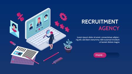 Recruitment employment agency isometric landing page banner with finding vacancies selecting applicants for job interview vector illustrationのイラスト素材