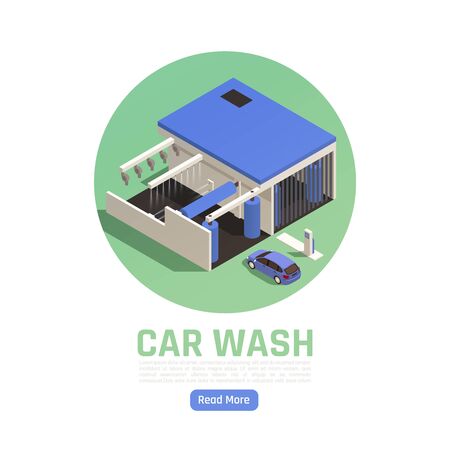 Automatic drive though car wash facility exterior isometric view circular blue green composition web page vector illustrationのイラスト素材