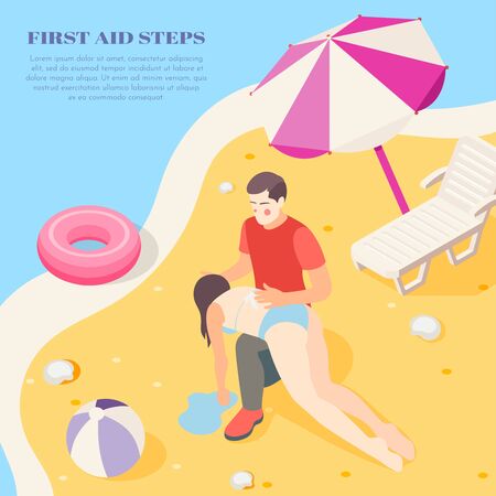 Reviving drowning victim on beach using first aid steps treatment info isometric background composition vector illustrationのイラスト素材