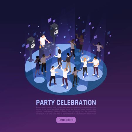 Party celebration isometric background with text read more button and round composition with people on dancefloor vector illustrationのイラスト素材