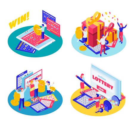 Lottery jackpot scratch cards tickets draw results winner grand prize celebration 4 circular isometric compositions vector illustrationのイラスト素材