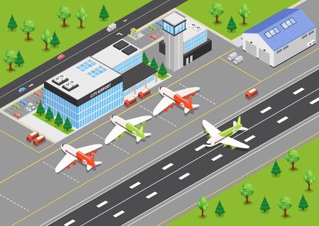 Top view of airport isometric background with terminal building airplanes on airfield and runways vector illustrationのイラスト素材