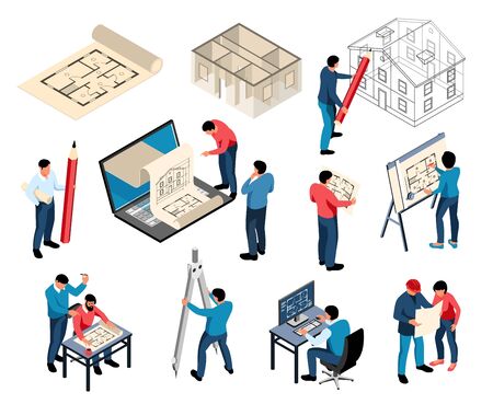 Professional architects and designers working at desk for sketching computer and printer isometric set isolated vector illustrationのイラスト素材
