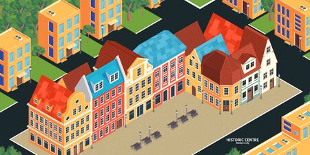Colored and isometric old town horizontal composition with historic centre modern city headline vector illustrationのイラスト素材