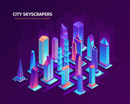 Isometric city skyscrapers composition with text and multiple buildings of different architecture design colored in neon vector illustrationのイラスト素材