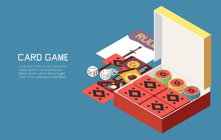 People playing board games isometric background with editable text and images of gaming set with chips vector illustrationのイラスト素材