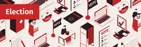 Site header election isometric composition of isolated icons voting symbols cabins and human characters with text vector illustrationのイラスト素材