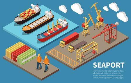 Cargo seaport container ships loading unloading cranes bulk carrier freight trucks deck workers 3 isometric compositions vector illustrationのイラスト素材