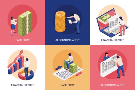 Isometric accounting design concept 3x2 set of square compositions with financial icons and characters of accountants vector illustrationのイラスト素材
