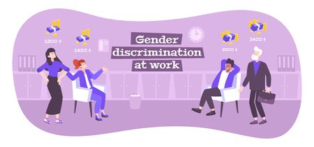 Discrimination work flat composition with editable text male and female characters with icons of different salaries vector illustrationのイラスト素材