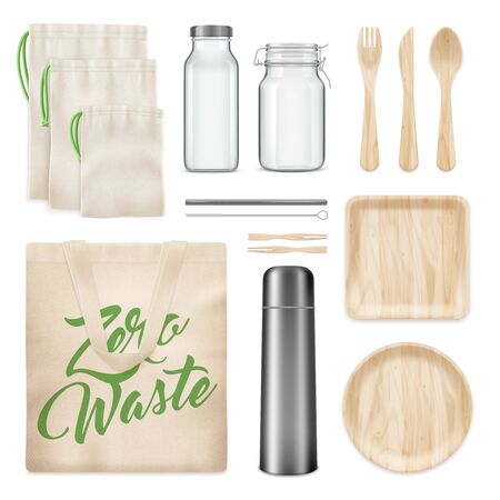 Zero waste eco wooden kitchen cutlery plates canvas bag potholders insulated steel bottle realistic set vector illustration のイラスト素材