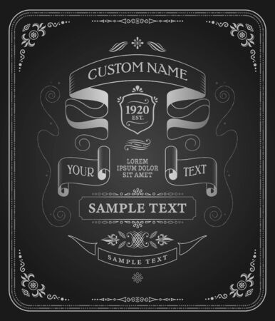 Retro vintage design chalkboard vertical composition with ornate frame and editable text with decorative ribbons vector illustrationのイラスト素材