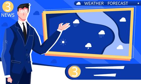 Weather forecast flat composition with character of tv host with screen channel name and editable text vector illustrationのイラスト素材