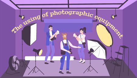 Photo equipment flat composition of text and photography studio indoor scenery with people and...