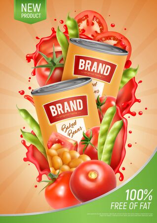 Realistic vertical poster with two tins of natural baked beans tomatoes and green pods vector illustrationのイラスト素材