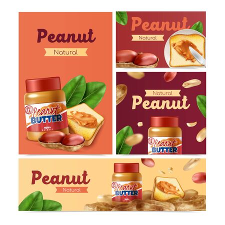 Peanut realistic banners set with whole nuts and  snacks with peanut butter vector illustrationのイラスト素材