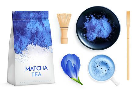 Blue matcha tea realistic set with isolated images of product package flower and cup with sticks vector illustrationのイラスト素材