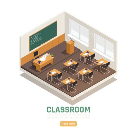 Empty classroom interior in high school with desks table board chair 3d isometric composition vector illustrationのイラスト素材