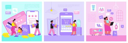 Online shopping illustrations set of loyalty program online order online delivery flat compositions...