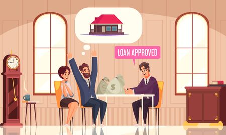 Mortgage credit family composition with bank branch interior agent and happy couple getting money for loan vector illustrationのイラスト素材