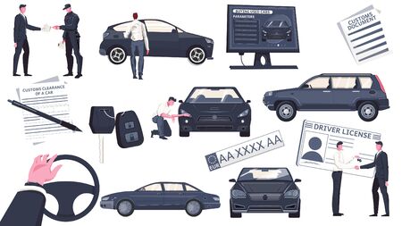 Used auto sale set of isolated icons and flat images of automobiles with people and paperwork vector illustrationのイラスト素材
