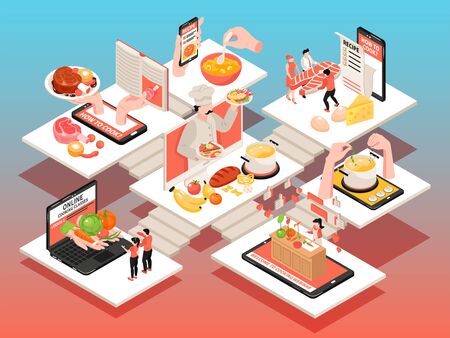Cooking school blog composition with set of isometric platforms with cook images dishes and electronic gadgets vector illustrationのイラスト素材