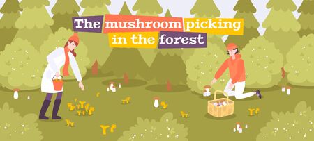 Mushrooms people forest composition with outdoor landscape and human characters seeking for mushrooms with editable text vector illustrationのイラスト素材