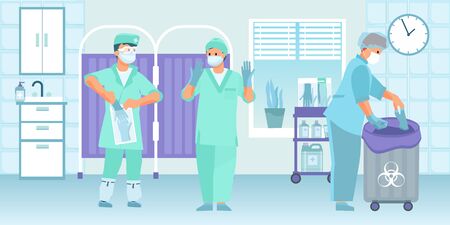Disposable gloves flat composition set with hospital scenery and medical specialists wearing and tossing out gloves vector illustrationのイラスト素材