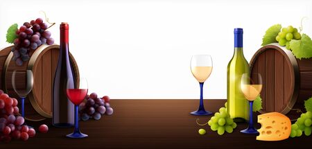 Barrels of wine on table composition with realistic images of wooden casks glass bottles and grapes vector illustrationのイラスト素材