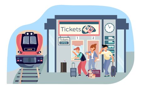 Ticket office railway flat composition with images of arriving train and platform ticketing stall with people vector illustrationのイラスト素材